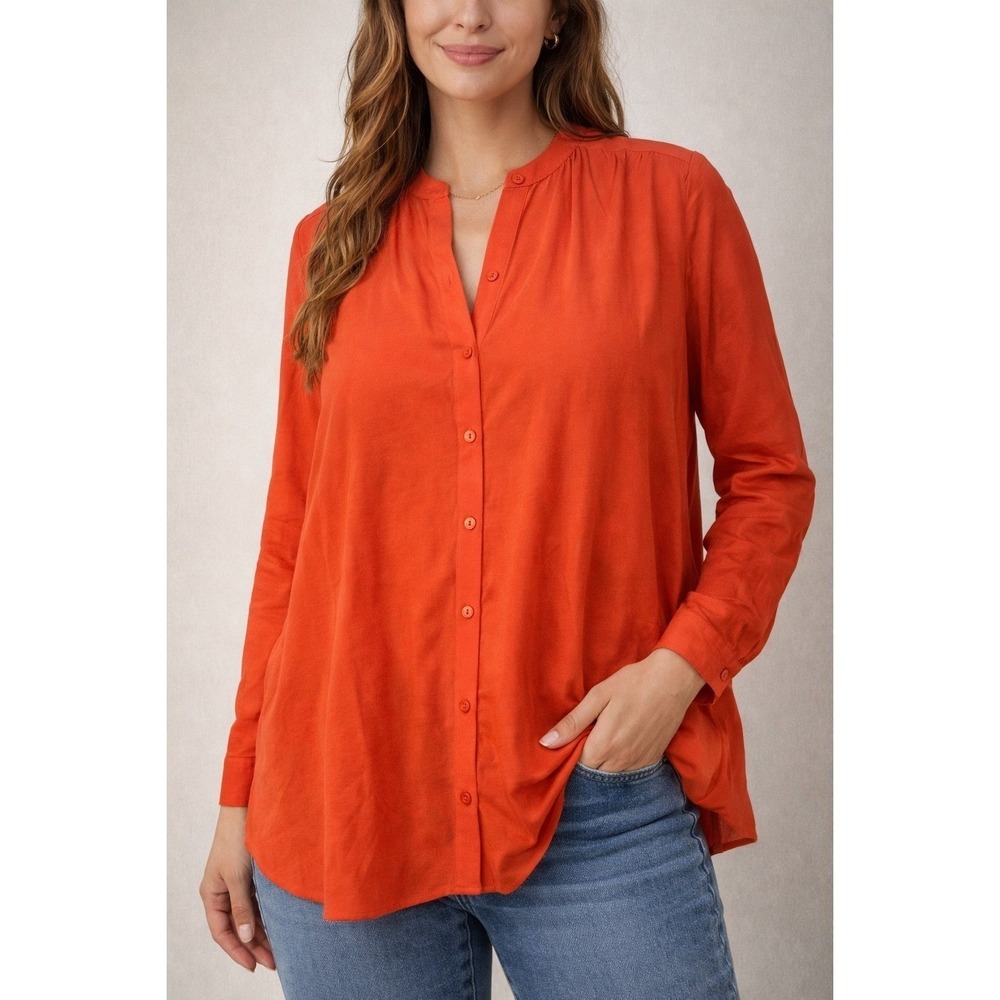 EILEEN FISHER WOMAN Orange Silk Band Collar Button Up Shirt Tunic 1X
